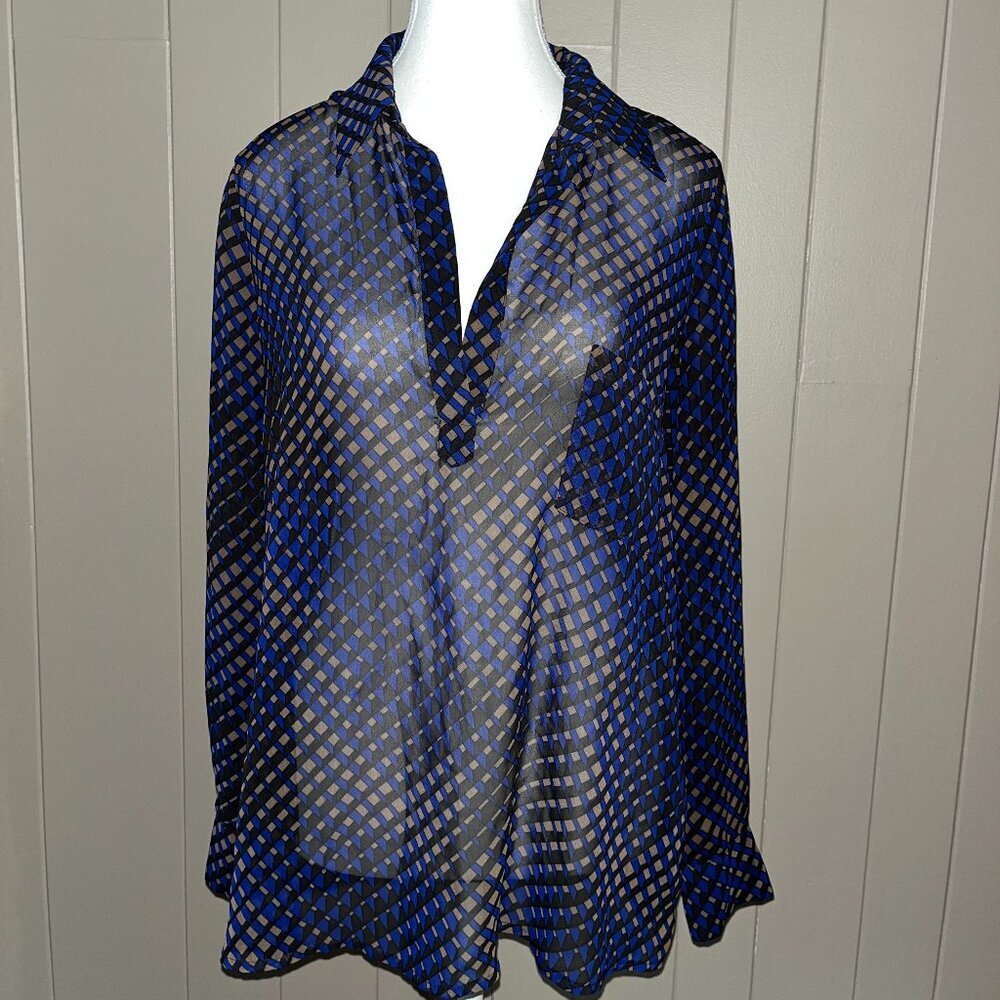 Pleiome Diamond Pattern Sheer Long Sleeve Blouse – Modern & Elegant - S